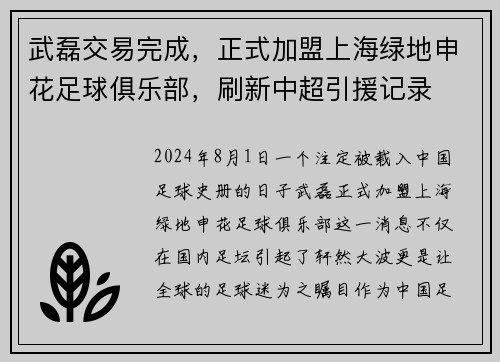 武磊交易完成，正式加盟上海绿地申花足球俱乐部，刷新中超引援记录