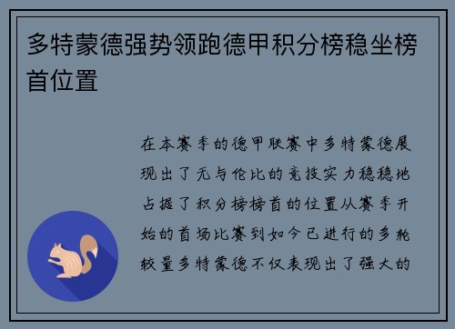 多特蒙德强势领跑德甲积分榜稳坐榜首位置
