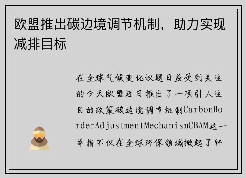 欧盟推出碳边境调节机制，助力实现减排目标