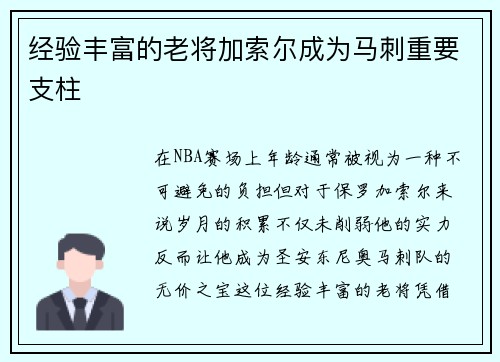 经验丰富的老将加索尔成为马刺重要支柱