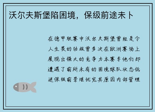 沃尔夫斯堡陷困境，保级前途未卜